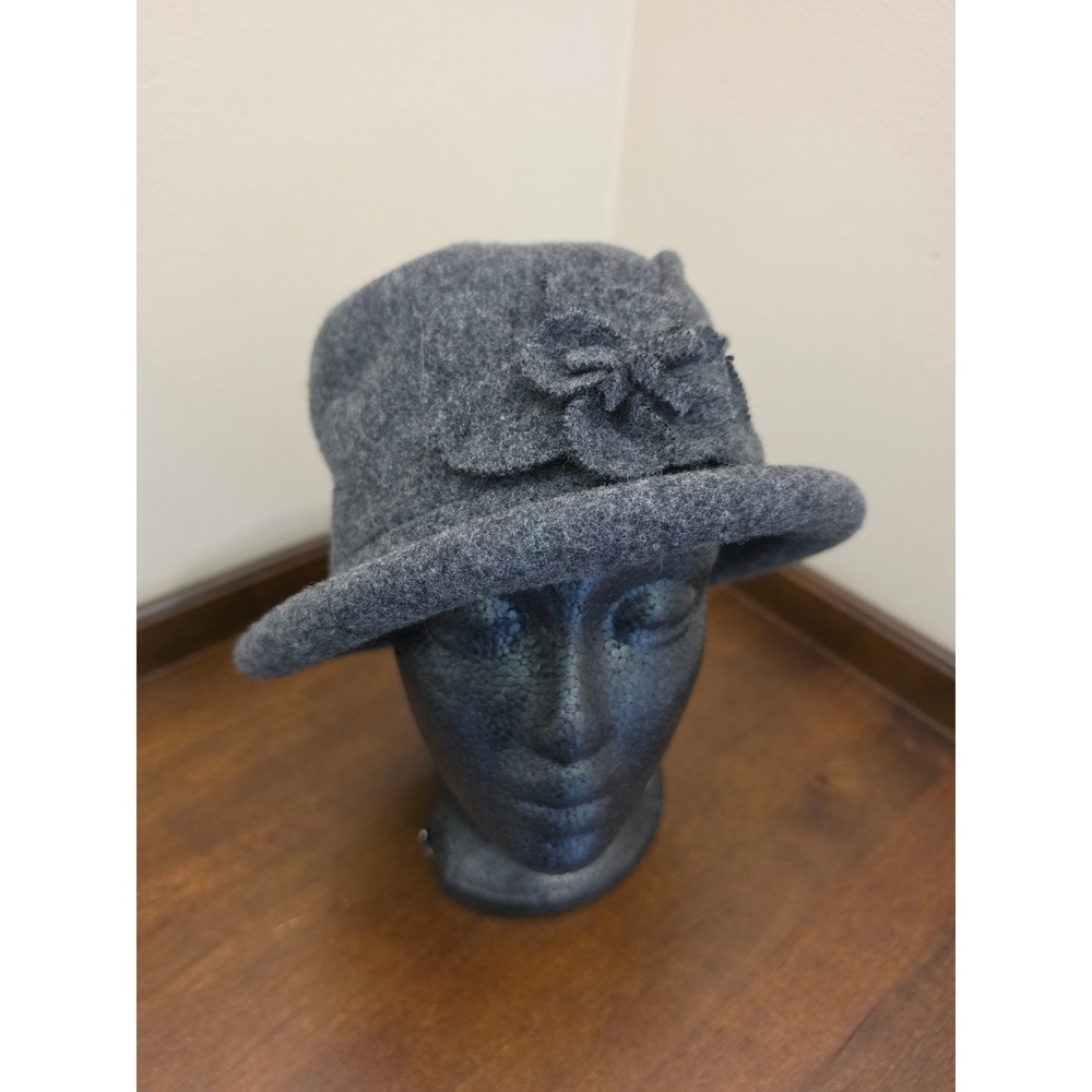 Adora Charcoal Gray Wool Felt Cloche Hat with Flower Accent and Pleated Crown